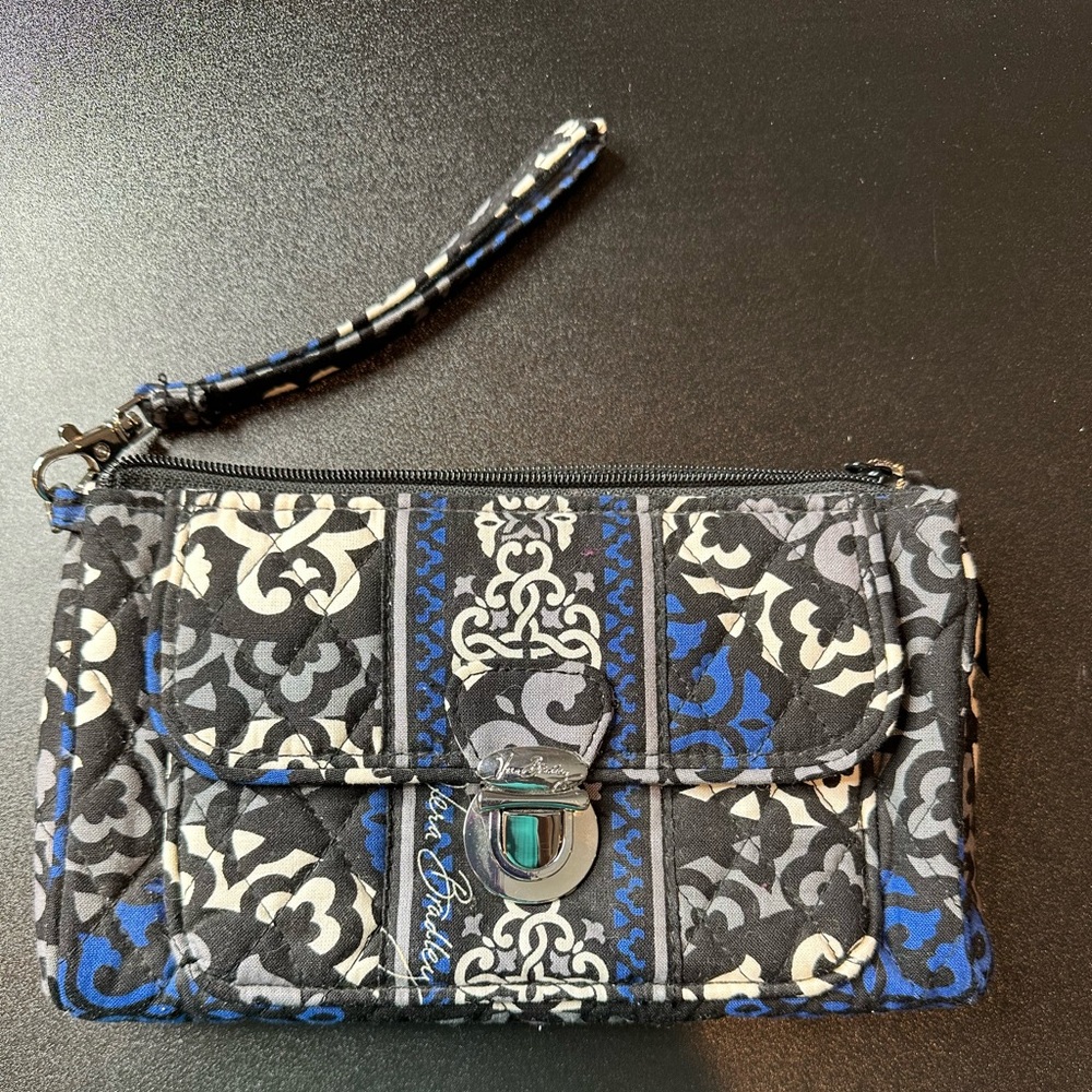 Vera Bradley clutch with wristlet.  Blue, gray & black.  Excellent condition.